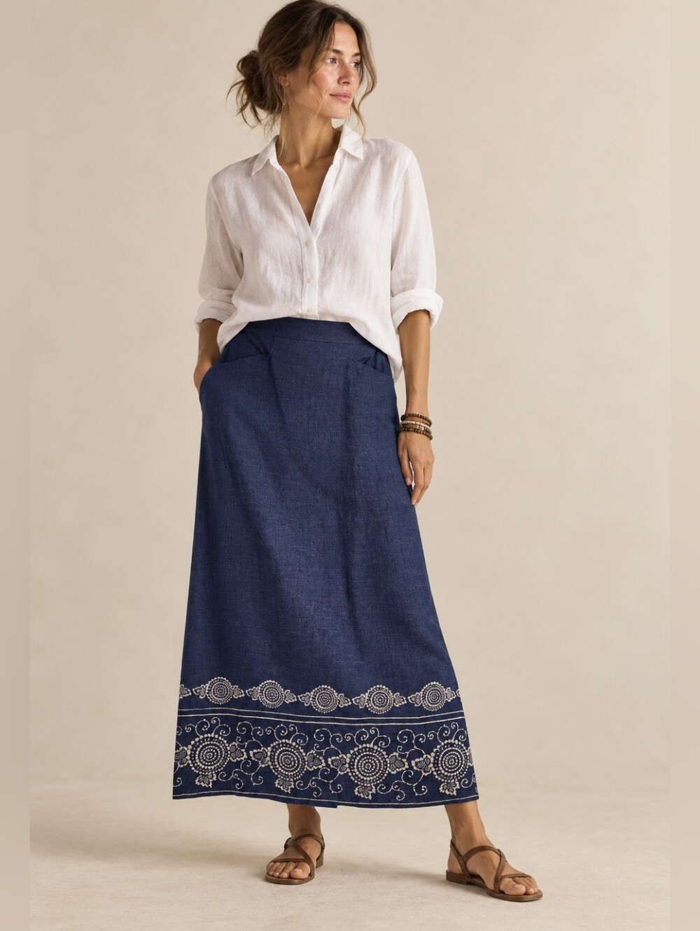 SUNDANCE Linen Bandana Border Print Midi Maxi Skirt Navy Ivory Size 4